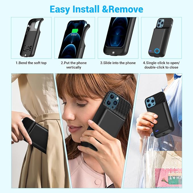 Battery Case for iPhone 12, 12 Pro (6.1 inch), Upgrade 13800mah Portable Slim Battery Charging Case, Rechargeable Charger External Charging Case with Tempered Glass Screen Protector Black