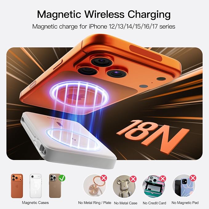 No More Forget Cables! 10000mAh Ultra Slim Magnetic Power Bank, Built-in USB-C & iPhone Cable, 20W Portable Charger with Foldable Stand, for iPhone 17/16/15/14/13/12 Series