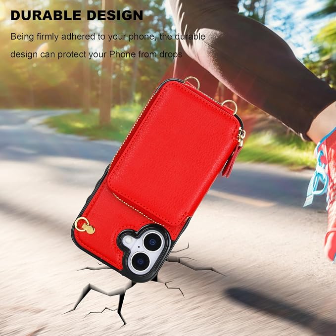 Bocasal Crossbody Wallet Case for iPhone 17, RFID Blocking Leather Purse Case with Card Holder, Protective Handbag Flip Cover with Zipper Wrist Strap Lanyard for Women 5G 6.3 Inch (Red)