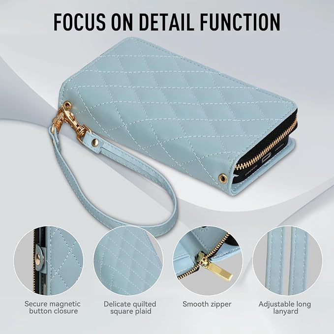 Rssviss Crossbody Case for iPhone 17 Pro Max Case Wallet, RFID Blocking Leather with Card Holder Kickstand, Handbag Zipper Flip Cover with Wrist Strap for iPhone 17 Pro Max Men Women 6.9", Blue