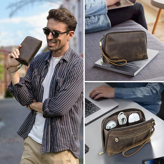 CONTACTS Crazy Horse Leather Travel Electronic Organizer Cables Chargers Accessories Storage Case Holder Clutch Bag