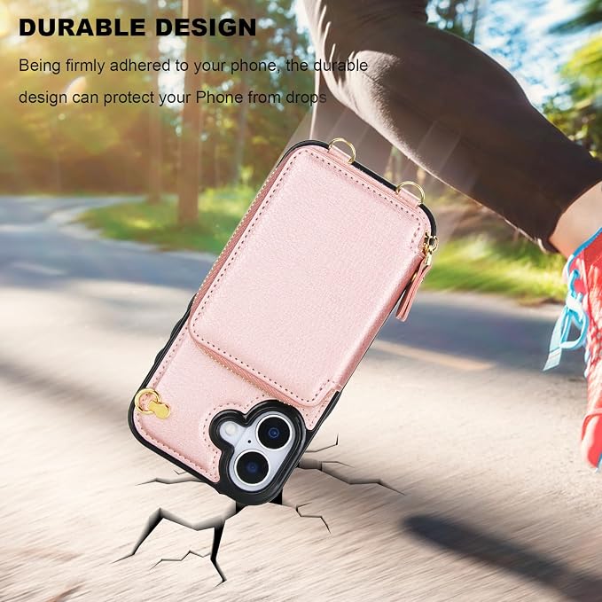 Bocasal Crossbody Wallet Case for iPhone 17, RFID Blocking Leather Purse Case with Card Holder, Protective Handbag Flip Cover with Zipper Wrist Strap Lanyard for Women 5G 6.3 Inch (Rose Gold)