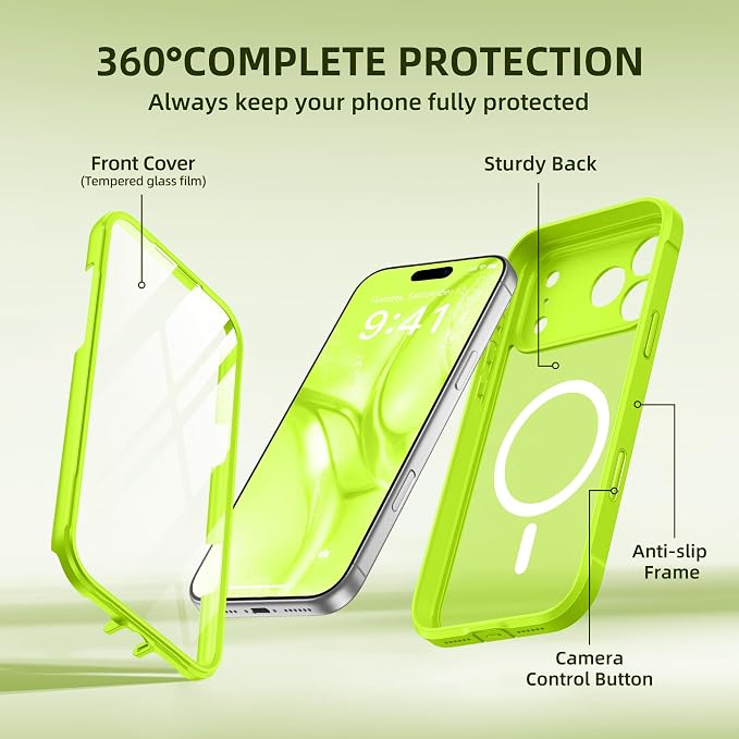 BERFY for iPhone 17 Pro Max Case, Compatible with MagSafe, Built-in Glass Screen Protector, Camera Protection, Shockproof Full Body Phone case 6.9", Translucent Bright Green