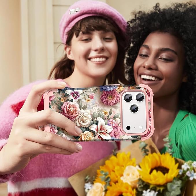 Hocase for iPhone 17 Pro Case 6.3", Heavy Duty Shockproof Protection Soft Silicone Rubber+Hard Plastic Bumpers Hybrid Protective Case for iPhone 17 Pro 2025 - Rose Flowers