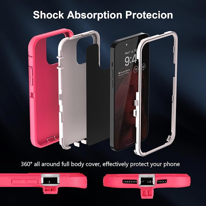 Sansunto for iPhone 16e Case, Protective Cover for 13, 14, 15, 16E 6.1", Heavy Duty Shockproof Drop Proof 3 in 1 Silicone Rubber Cover, Rugged Hybrid Durable Phone Cases for Women (Rose/White)