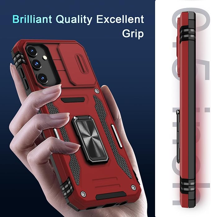 DEERLAMN Case for Samsung Galaxy A15 5G with Slide Camera Cover+Screen Protector (1 Pack), Rotated Ring Kickstand Military Grade Shockproof Protective Cover-Red