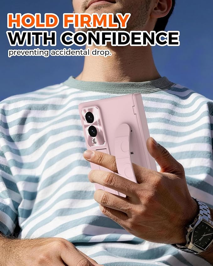 NINKI Screen Protector for Samsung Galaxy Z Fold 8 Phone Case with Hand Strap, Cute Kickstand for Samsung Z Fold 8 Finger Holder Cover, Hinge Protective Cover for Galaxy Fold 8 Case Womens Girls Pink