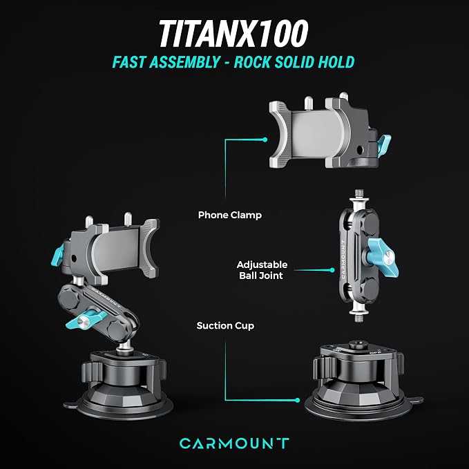 CARMOUNT TitanX100 – Suction Cup Phone Mount for Car & Truck – Heavy Duty Metal Phone Holder, Windshield Phone Mount for iPhone, Android, GPS & All Devices