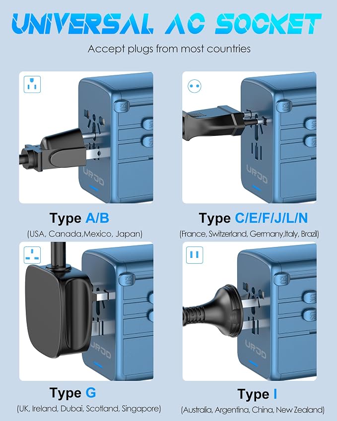 Universal Travel Adapter with 5 USB C/A Ports 30W Fast Charging, Blue | International Power Adapter for Europe UK Japan 200+ Countries, Travel Charger for Phone Laptop, 10A Fuse, 2500W AC Outlet