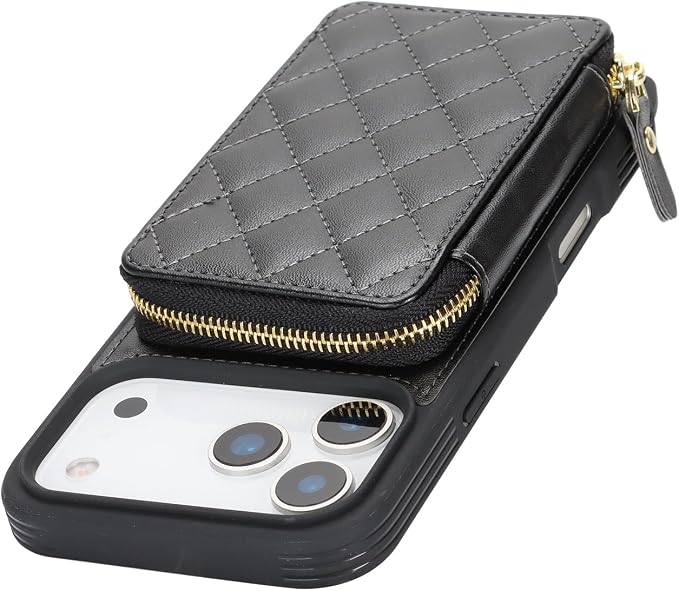 Crossbody Wallet Case for iPhone 17 Pro Max, PU Leather Zipper Handbag Purse Flip Cover, Kickstand Folio Case with Card Slots Holder Wrist Strap Lanyard 5G 6.9 Inch-Black