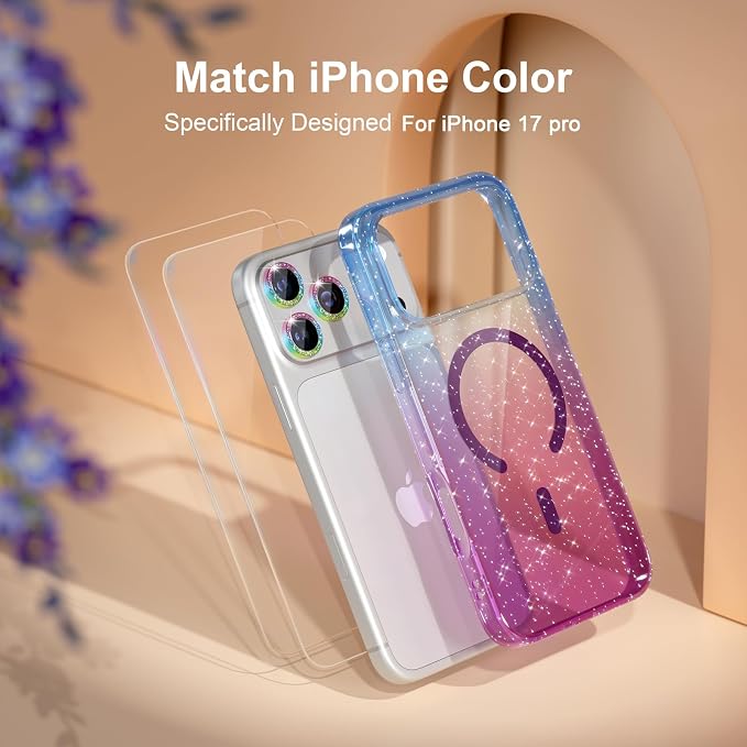 Choiche Magnetic for iPhone 17 Pro Case Compatible with MagSafe, Women Cute Glitter Sparkly Phone Case with Diamond Camera Lens Protectors, Military-Grade Drop Protection 6.3" (Blue/Purple)