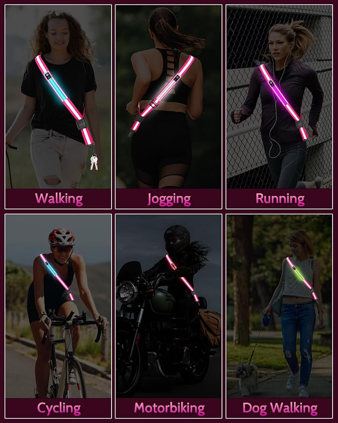 Fitense LED Reflective Belt Sash - 5 Lights Colors & 3 Light Modes High Visibility Night Safety Belt, Rechargeable Light Up Running Gear Adjustable Vest Straps for Runners Walkers Men Women