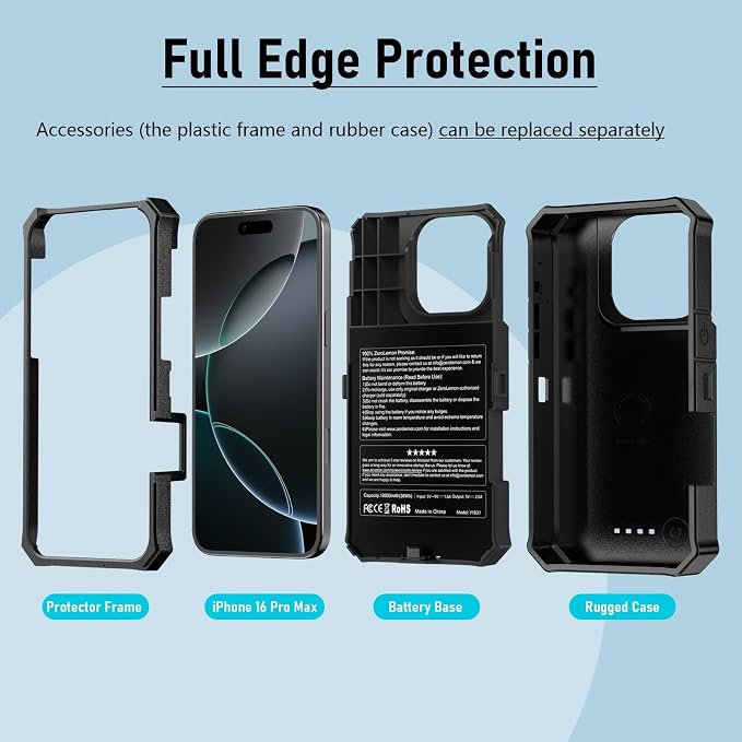 ZEROLEMON Battery Case for iPhone 16 Pro Max, 10000mAh Capacity, 18W Fast Charging Power with Full Edge Protection Extended RuggedJuicer Battery Charger Case for iPhone 16 Pro Max - Black