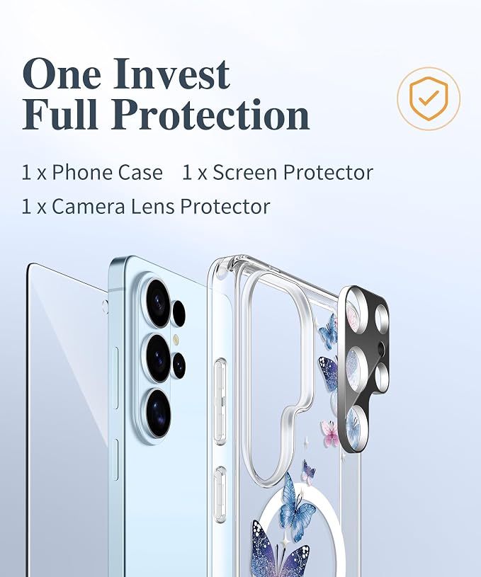 GVIEWIN for Samsung Galaxy S26 Ultra Case Compatible with MagSafe, Clear Floral Shockproof Protective Women Phone Case, Non-Yellowing,Screen&Camera Lens Protector for S26 Ultra 6.9",Colorful Butterfly