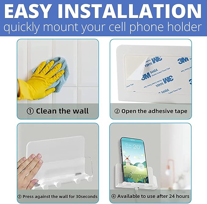 Clear Wall Mount Adhesive Phone Holder,Multi-Function Cell Phone Charging Brackets Holders,Hook for Living Room, Kitchen, Bathroom, Office,Compatible with Most Phones and Tablet