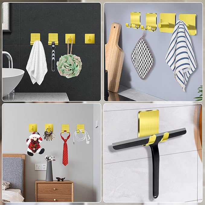 CGBE 4 Packs Shower Hooks for Inside Shower, Self Adhesive Shaver Holder Hanger Hooks for Bathroom Damage Free Wall Hooks for Razor Loofah Sponge - Gold