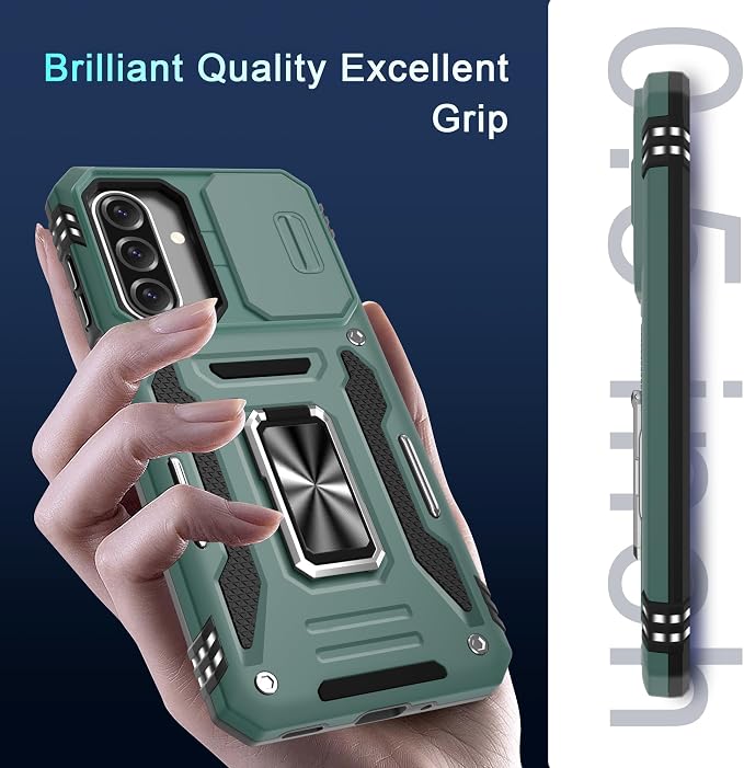 DEERLAMN Case for Samsung Galaxy A17 5G with Slide Camera Cover+Screen Protector (1 Pack), Rotated Ring Kickstand Military Grade Shockproof Protective Cover-Green