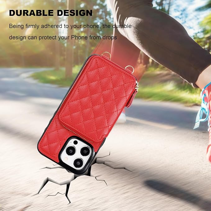 Bocasal Crossbody Wallet Case for iPhone 15 Pro Max, RFID Blocking PU Leather Zipper Handbag Purse Flip Cover, Kickstand Folio Case with Card Slots Holder Wrist Strap Lanyard 5G 6.7 Inch (Red)