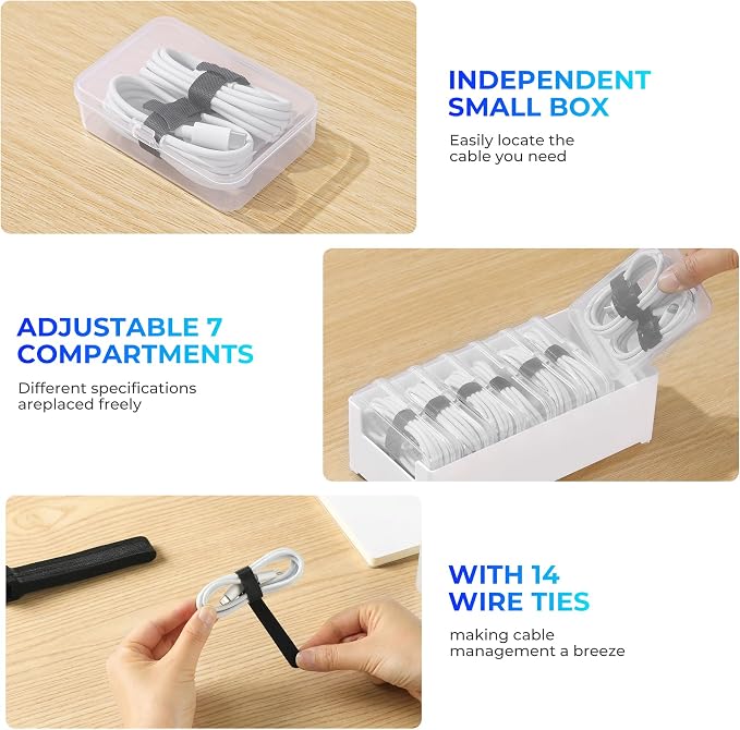 Cable Organizer Storage Box 7 Case Cable Box with Cable Straps and Label Stickers, Travel Cord Organizer for Charging Cables, USB Wires, Earphones – Drawer Organization for Home & Office