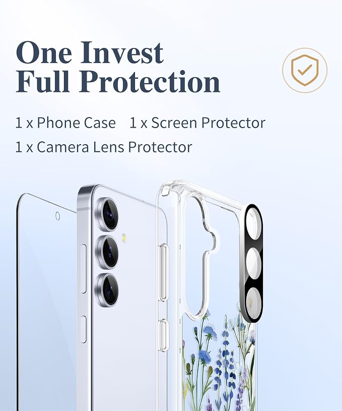 GVIEWIN for Samsung Galaxy S25 Plus Case, Clear Floral Slim Shockproof Protective Women Phone Case, Non-Yellowing, with Screen Protector & Camera Lens Protector for S25 Plus 6.7", Sweet Posy/Blue