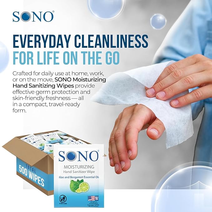 SONO Bergamot & Aloe Moisturizing Hand Sanitizer Wipes - TSA-Approved Travel Size Individual Packs for On-the-Go Hygiene & Cleansing - Alcohol-Free Antibacterial for Hands & Surfaces