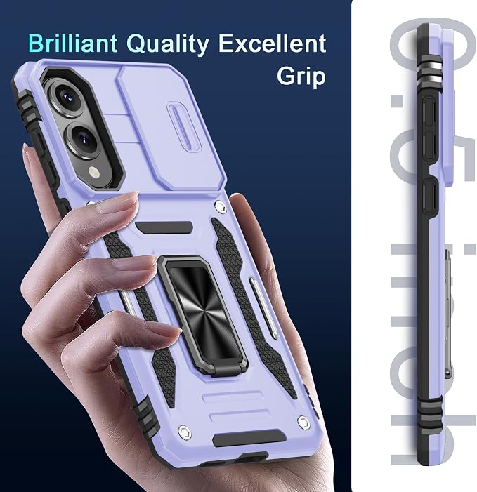 DEERLAMN Case for Samsung Galaxy S25 Edge with Slide Camera Cover+Screen Protector (1 Pack), Rotated Ring Kickstand Military Grade Shockproof Protective Cover-Light Purple