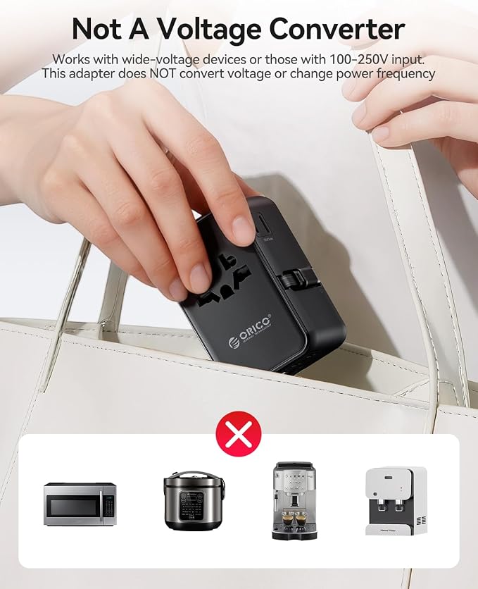 ORICO Universal Travel Adapter 70W GaN International Power Adapter | 7 in 1 (2 AC, 3 USB-C, 2 USB-A) European Travel Plug Adapter, Built-in Retractable USB-C Cable for Eu UK AU 200+ Countries