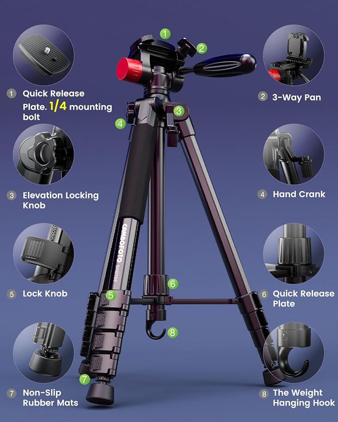 CAMBOFOTO 74"-Camera-Tripod, Porfessional Aluminum Heavy Duty Tripod Stand for Mirrorless Camera/DSLR/Cell Phone/Camcorder, with Holder and Travel Bag