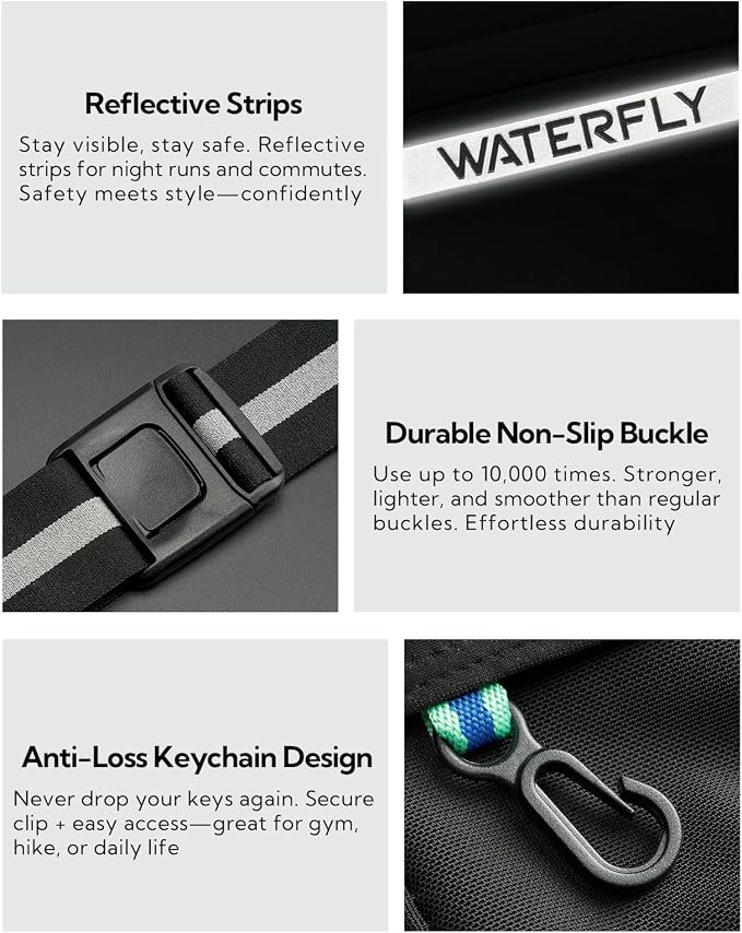 WATERFLY Running Belt Fanny Pack: Slim Breathable 4 Pocket Waist Bag for Men Women Sport Workout Exercise Fitness Phone Holder - Runner Marathon Jogging Waistband Fits ALL Phones Black
