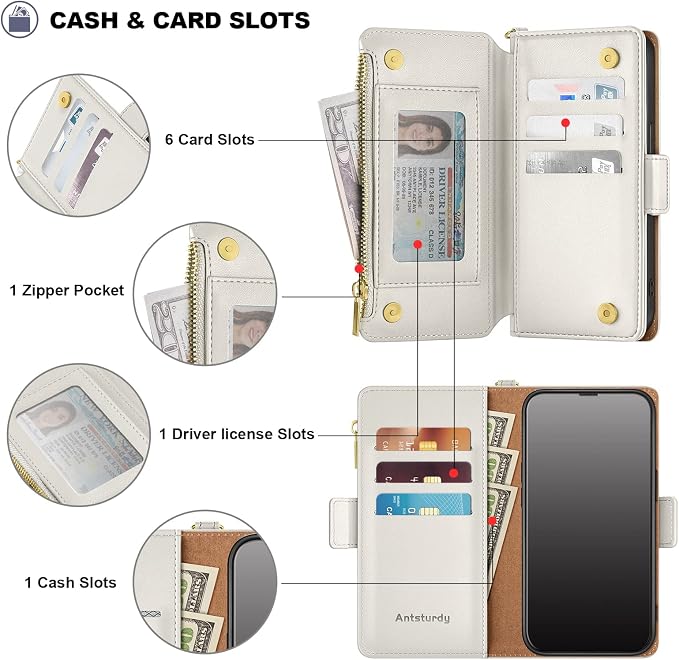 Antsturdy Compatible with iPhone 12 Wallet Case,RFID Blocking PU Leather Phone Case Women Men Kickstand Flip Cover Wrist Strap Zipper Credit Card Holder Slots,for Apple 12 Pro 6.1",Beige