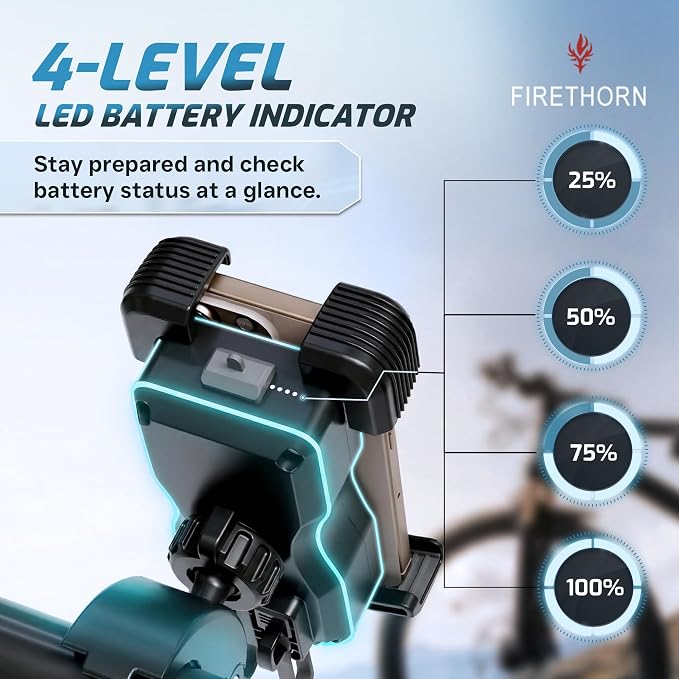 Bike Phone Holder with Built in 5000 mAh Rechargable Battery - Motorcycle Mount, Handlebar Cell Phone Clamp, Scooter Clip for all 4.7 to 6.8" Phone types - iPhone 17, 16, 15 Plus, S20, Smartphones