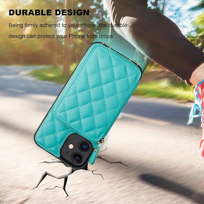 Bocasal Crossbody Wallet Case for iPhone 12/12 Pro, RFID Blocking PU Leather Zipper Handbag Purse Flip Cover, Kickstand Folio Case with Card Slots Holder Wrist Strap Lanyard 5G 6.1 Inch (Mint Green)