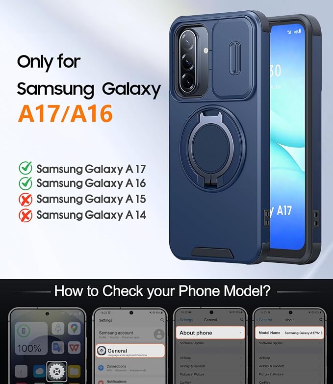 JAME for Samsung Galaxy A17/A16 5G Case, Ring Holder Stand, Slide Camera Cover, 2 Pack Screen Protectors, Dual-Layer Shockproof Protective, Magnetic Accessory Friendly Galaxy A16/A17 4G Case, Blue