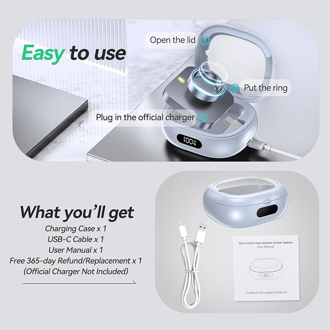 Tensea Portable Charging Case Compatible with Oura Ring Gen 4 & Gen 3, 2000mAh Wireless Power Station, Universal Fit, 30-Day Runtime Charger Accessories (Official Charger NOT Included)