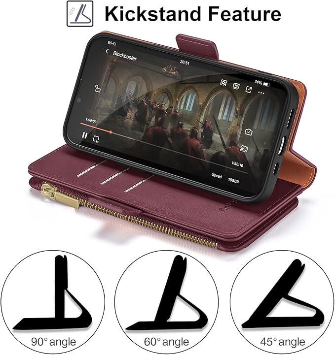 Antsturdy Compatible with iPhone 16 Plus Wallet Case,RFID Blocking PU Leather Phone Case Women Men Kickstand flip Cover Wrist Strap Zipper Credit Card Holder Slots for Apple 16 Plus 6.7",Wine Red