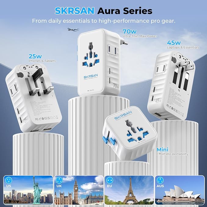 Aura 45W Ultra-Slim International Travel Adapter, 36mm Pocket-Sized 6-in-1 Universal Power Plug, PD & QC 3.0 Fast Charging Essentials for UK Europe Australia USA, 200+ Countries (Arctic White)