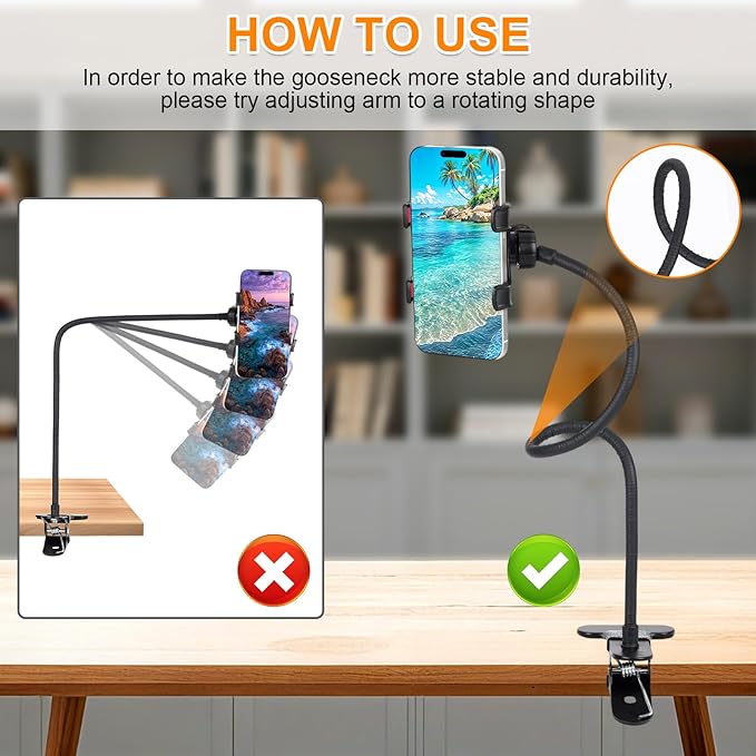 Gooseneck Phone Holder for Desk,Clip On Phone Holder for Bed,Flexible Long Arm Lazy Bracket,Cell Phone Stand Mount with Clamp for iPhone 16 Pro Max 15 14 13 X SE Series,for All 4"-7" Cellphone