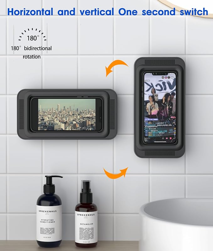 Mistriddle Waterproof Shower Phone Holder with 360° Rotation, Angle Adjustable, Enhanced Sound Quality, Wall Mounted Phone Holder for Bathroom Mirror Bathtub Kitchen, Up to 7 Inch (Black)