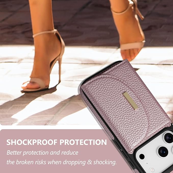 Keallce Wallet Case for iPhone 17 Pro 6.3'', Flip Case with RFID Blocking Card Holder Slots Kickstand, PU Leather Protective Folio Cover for Women, Rosegold
