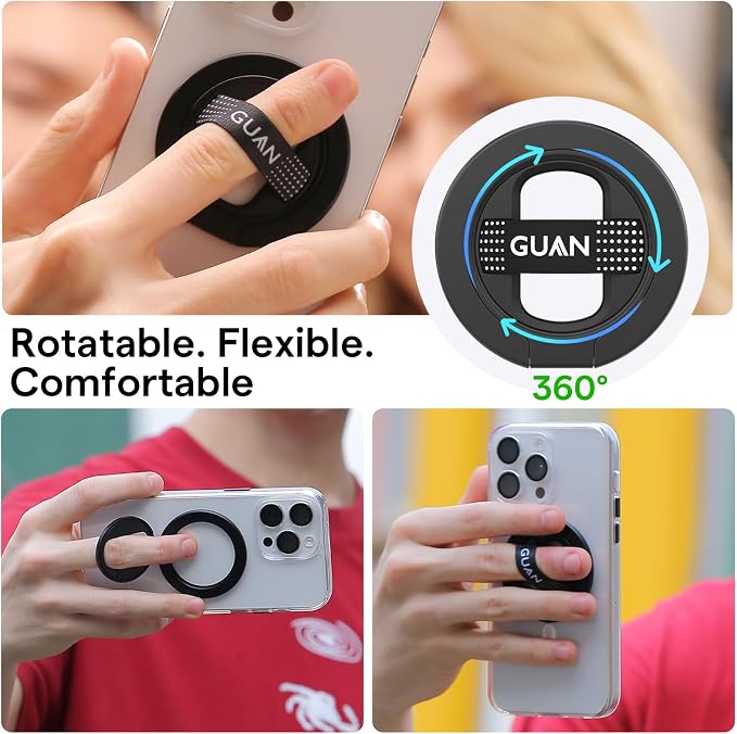 GUAN Magnetic Phone Holder Compatible with MagSafe, 360 Spin Phone Ring Holder, Replacement Silicone/Elastic Strap Ultra Thin Snap Grip Fits for iPhone 17, 16,15, Series All Phones, Black.