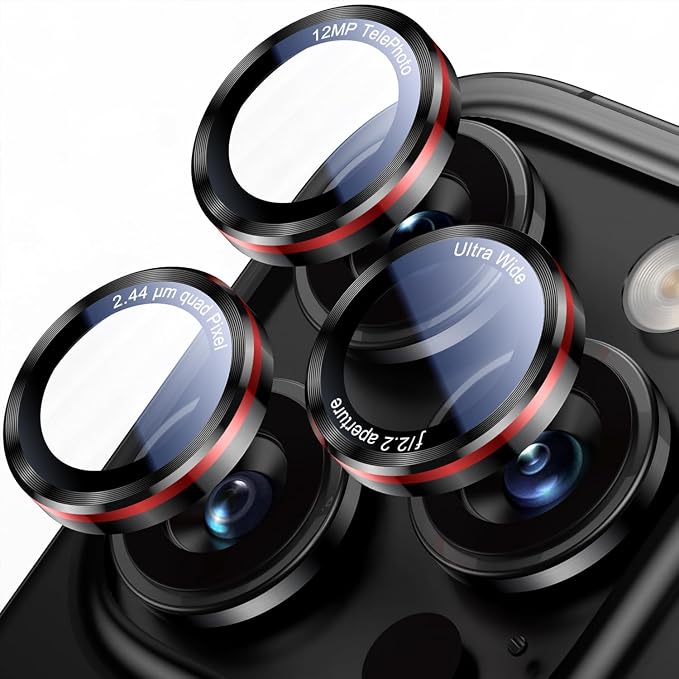 Uyiton for iPhone (17/16/15/14 Pro Max) and iPhone (17/16/15/14 Pro) Camera Lens Protector - Military-Grade Tempered Glass Metal Camera Cover, Black+Red