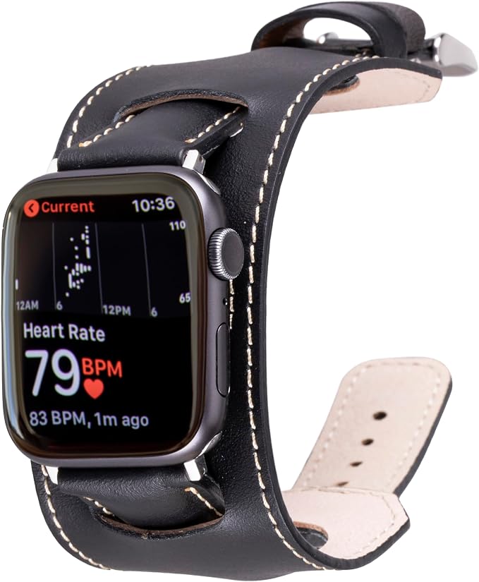 HARDISTON Cuff Watch Band Compatible with Apple 45mm for Men & Women, Handmade Genuine Leather, Compatible with iWatch Series 11 10 9 8 7 6 5 4 3 2 1 SE Ultra, Wrist Bracelet Band, Medium/Band-Black