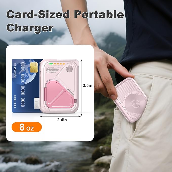 SEANCHEER P05 Portable Charger, Magnetic Power Bank, Small PowerBank, Battery Pack10000mAh Travel Essentials Fast Charging with Built in Cable, Foldable Wall Plug for iPhone,Samsung,Andriod (Pink)