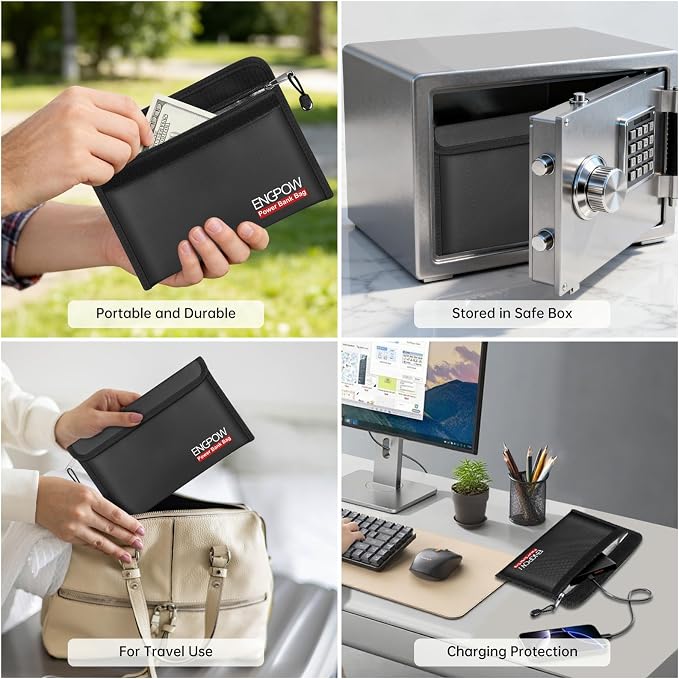 ENGPOW Fireproof Organizer Travel Bag,Heat Insulated&Explosion-Proof Electronic Carry Case,Portable Home Travel Safe Storage for Power Bank,Phone,Cables,USB Drive&Charging Protection, 10.6''x6.7''