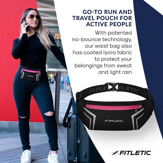 Fitletic Modern Sports Running Belt For Men & Women – Water Resistant Pouch - Fits All Smart Phones- Lightweight, Low Profile Design –Lycra Coated With Inner Card Organizer Pocket Black/Pink Zipper