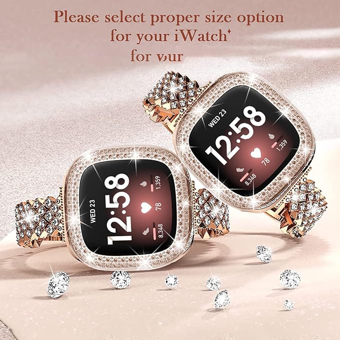 Bling Watch Band Compatible with Fitbit Versa 3/Sense for Women, Adjustable Crystal Alloy Strap Rhinestone Stainless Steel Metal Wristband Replacement (Rose Gold)