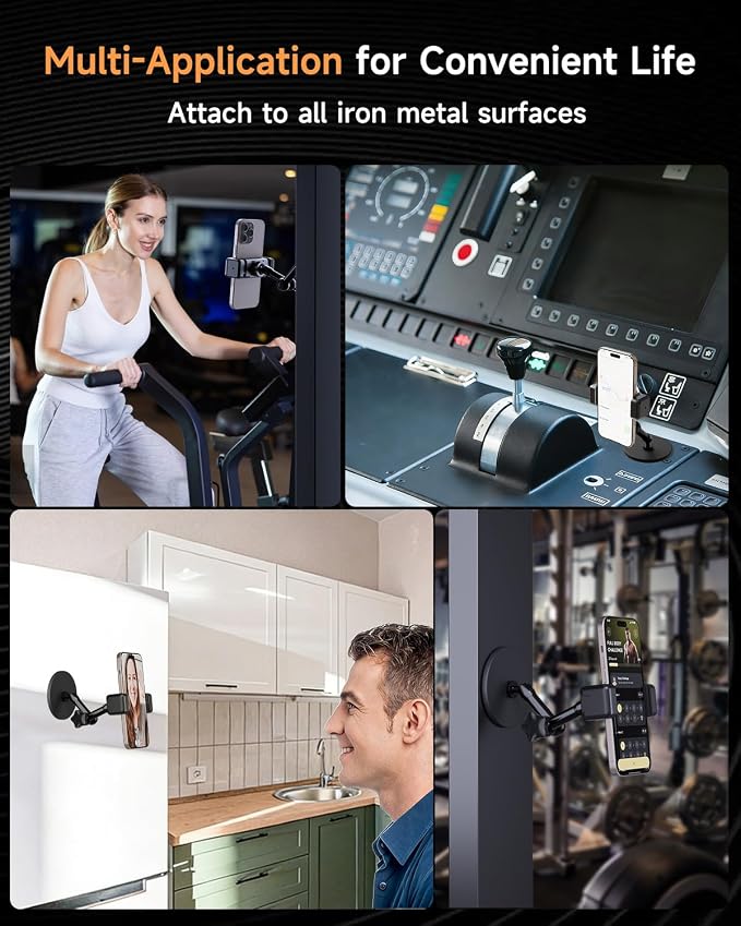 Magnetic Phone Holder for Gym - Heavy Duty Gym Phone Holder Magnet with Strong Magnetic Force, Attach to Metal Surfaces, 360°Adjustable Arm, Compatible with 4"-7" Smartphones