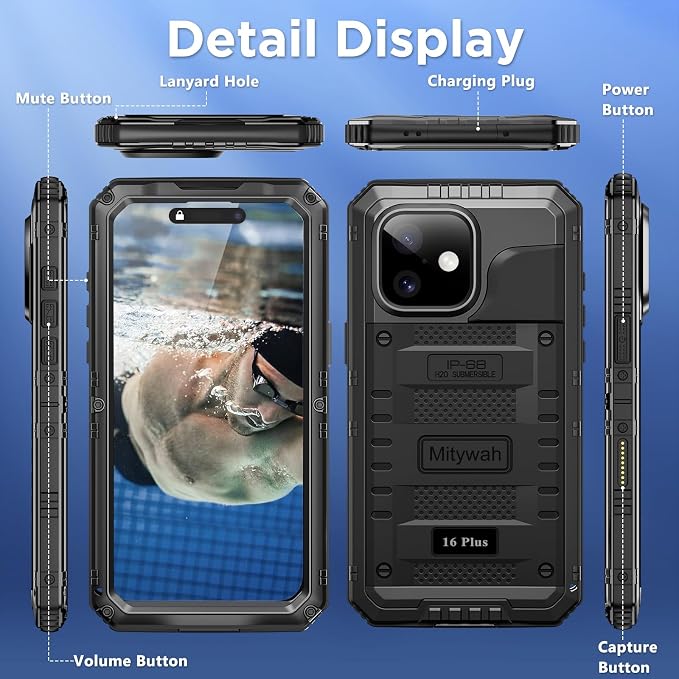 Mitywah Waterproof Case for iPhone 16 Plus, Shockproof Heavy Duty Case with Built-in Screen Protector, Underwater Full Body Protective Metal Case 6.7 inch, Black
