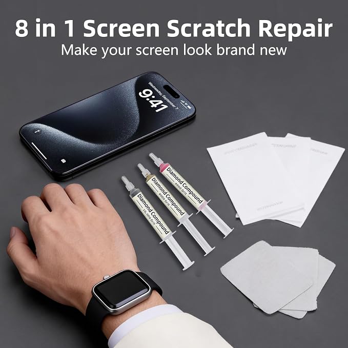 Scratch Remover Kit for Phone Screens, Watches & Tablets – Safe Touch-Friendly Screen Scratch Repair with 3 Diamond Polishing Compounds, 6 Polishing Cloths & 3 Cleaning Wipes