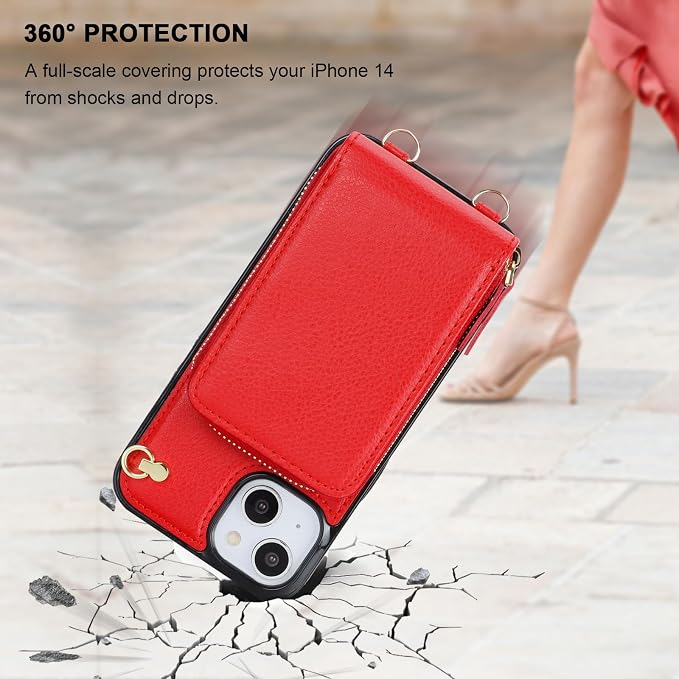 KIHUWEY Crossbody Wallet Case for iPhone 13 iPhone 14, Zipper Pocket Case with Card Holder, PU Leather RFID Blocking Protective Cover Case with Kickstand Detachable Wrist Strap Lanyard 6.1" (Red)